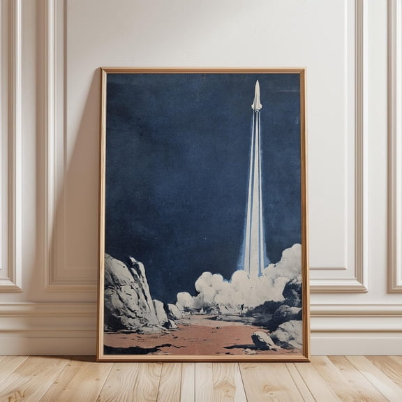 Stylized Rocket Launch Landscape Blue Sky Desert Scene Space Wall Art, Unframed Paper Poster 8x10in