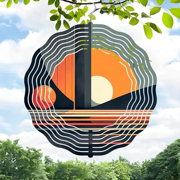 Stylized Sailboat Metal Wind Spinner & Chime - Abstract Design with Sunset Waves & Foliage - Perfect for Yard & Garden Decor