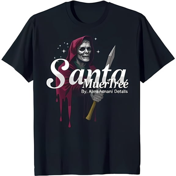Stylized Santa Muertree Skeleton Graphic Black T-Shirt for Unique Holiday Style