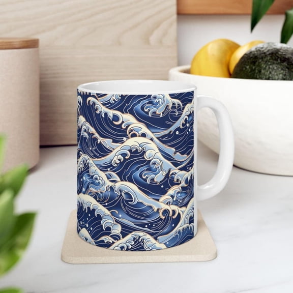 Stylized Sea anese Ceramic Mug, Ocean Wave Arup, Nautil Tea Coffee Drinkware, Coastal Home Dr Gift, Beach Lover Present,.