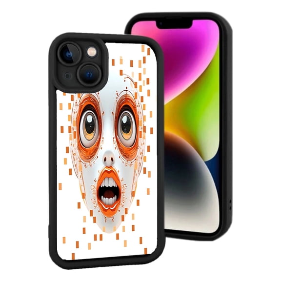 Stylized Shocked Face iPhone 15 Case - Lightweight Yellowing Resistant Swirling Orange & White Patterns Black Border