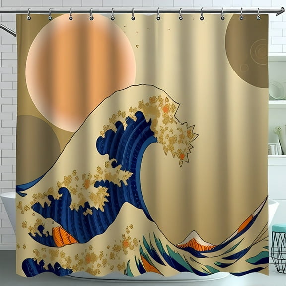 Stylized Shower Curtain Elegant Blue & Orange Design with Accents - Serene Bathroom Decor