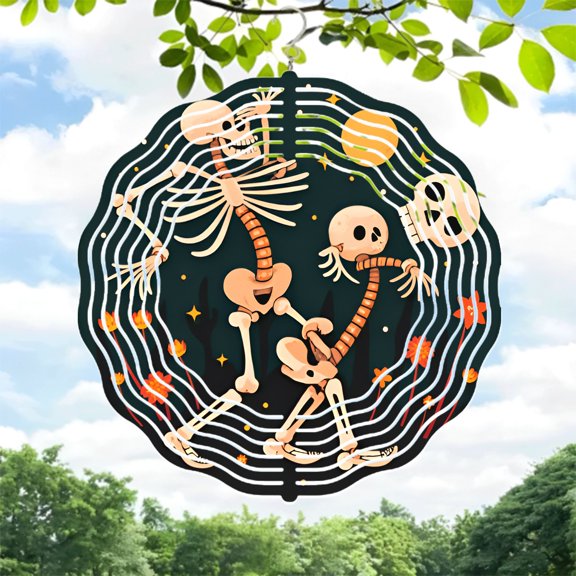 Stylized Skeletons Dancing Wind Spinner - Whimsical Metal Chime for Yard & Garden Floral Motifs & Starry Night Design