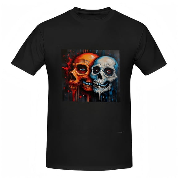 Stylized Skull Cotton Short Sleeve T-Shirt - Orange & Blue Skulls with Dripping Red Substance Dark Background Dramatic Design