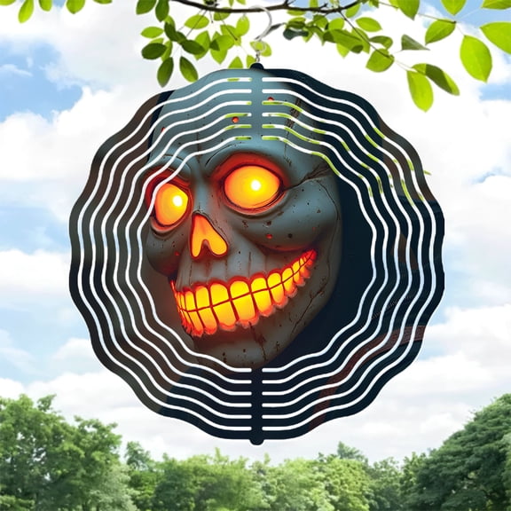 Stylized Skull Metal Wind Spinner with Glowing Eyes & Eerie Surface - Dynamic Garden Decor for Yard & Outdoor Spaces