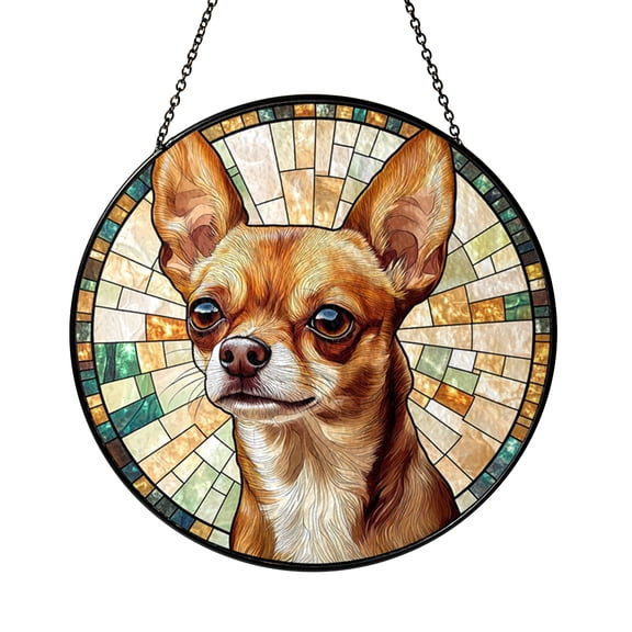 Stylized Small Dog Stained Glass Style Panel, Warm Tone Decorative Window Art