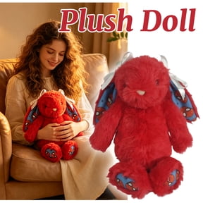 Stylized SpiderPrint Red Bunny Plush Figurine, BowAdorned Soft Stuffed Rabbit Plush, Portable Decorative Plush for Home Display and Novelty Presents