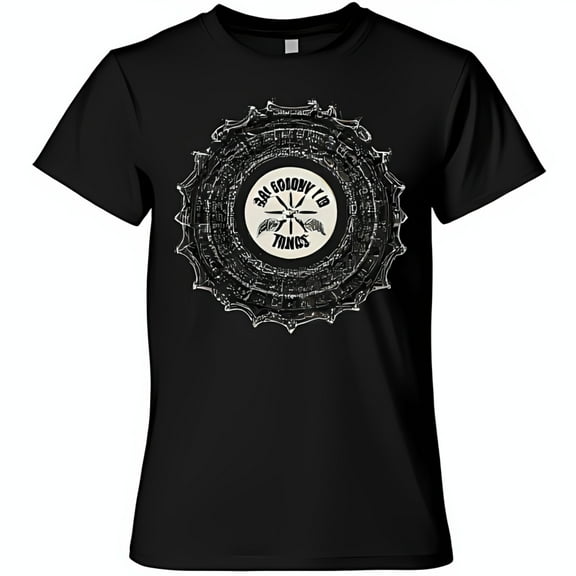 Stylized Sun Design Black T-Shirt with Circular White and Grey Graphic