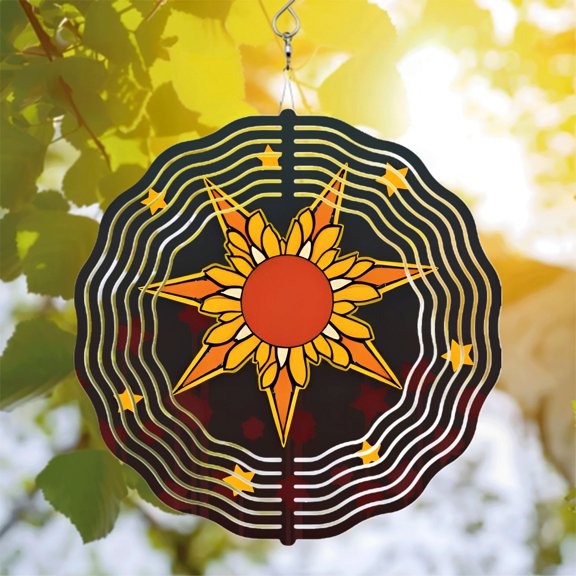 Stylized Sun Metal Hanging Wind Spinner with Radiant Yellow Petals & Red Center Celestial Design for Yard & Garden Decor