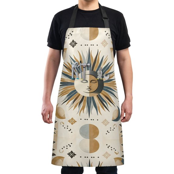 Stylized Sun and Moon Kitchen Apron with 2 Pockets Adjustable waterproof Cooking Aprons for Women Men Chef