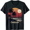 thumbnail image 1 of Stylized Sunset Beach Graphic Black T-Shirt with Trees & Moon California Vibes, 1 of 5