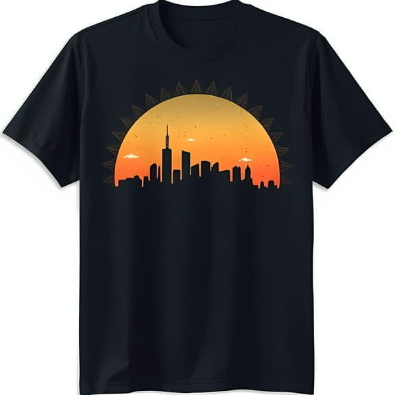Stylized Sunset Graphic Black T-Shirt with City Bold Design