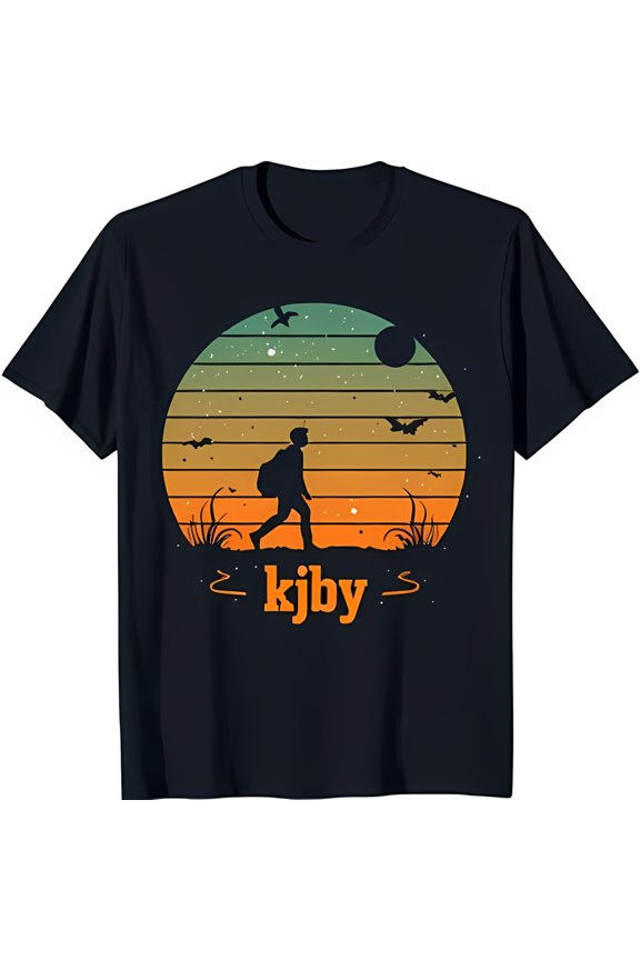Stylized Sunset Graphic T-Shirt for Men Dark Blue Tee with 'kjby' Design
