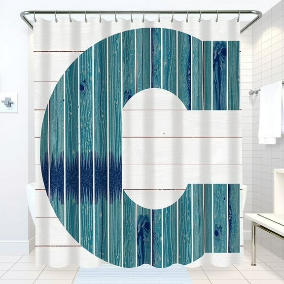 Stylized Teal Wood Plank 'C' Shower Curtain - Coastal Design Whitewash Background Relaxing Bathroom Decor