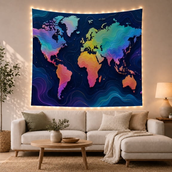 Stylized Topographic World Map in a Navy Ocean, Adventurous Abstract for Geography Lovers, Educational Wall Art Decor, Housewarming Gift Tapestry Wall Hanging for Bedroom and Living Room