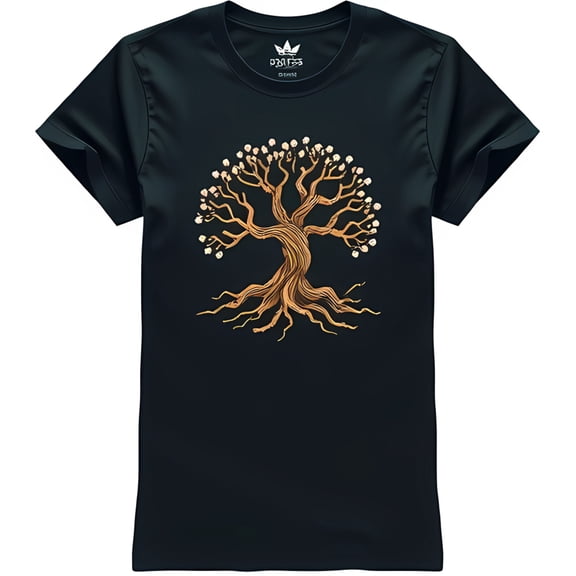 Stylized Tree Graphic Black T-Shirt with White Flowers & DRIFTERS