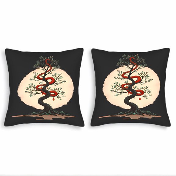 Stylized Tree & Serpent Throw Pillow Covers - Set of 2 18x18in Dark Background with Red & Green Elements Perfect for Couch Bed Car