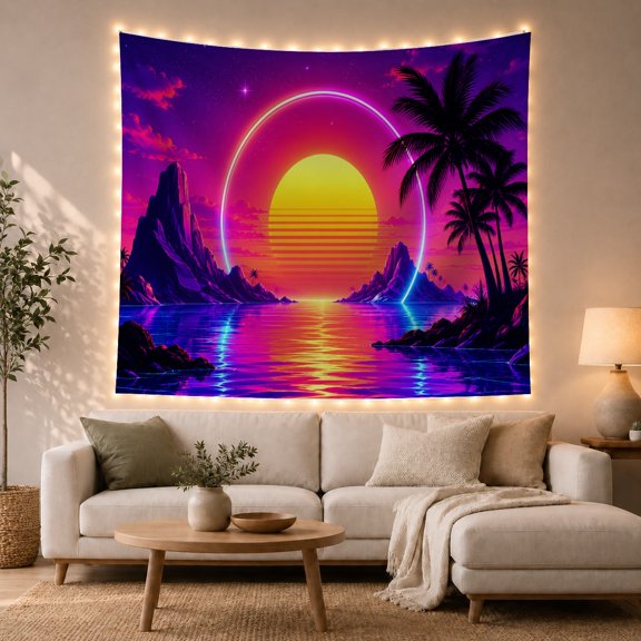 Stylized Tropical Sunset With Futuristic Synthwave, Mystical Fantasy for Space Lovers, Galaxy Room Decor, Housewarming Gift, Tapestry Wall Hanging for Bedroom and Dorm