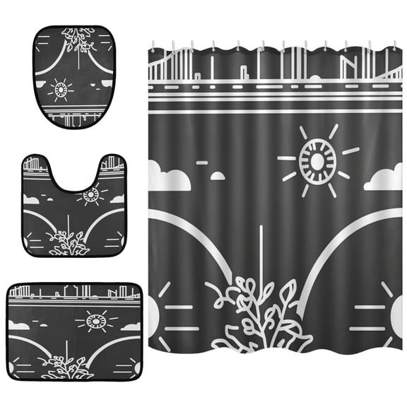 Stylized Urban Elements Bathroom Accessory Curtain Sets Bath Curtain Anti-Slip Mats and Toilet Pad 66x72in