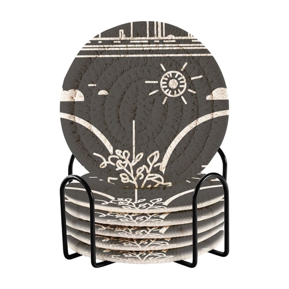 Stylized Urban Elements 4in Bar Coasters Set of 6 with Storage Rack Durable Heat Resistant