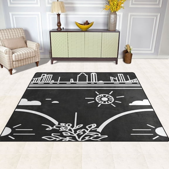 Stylized Urban Elements 63''x48'' Plush Memory Foam Bath Mat, Soft, Absorbent, Non Slip, Durable