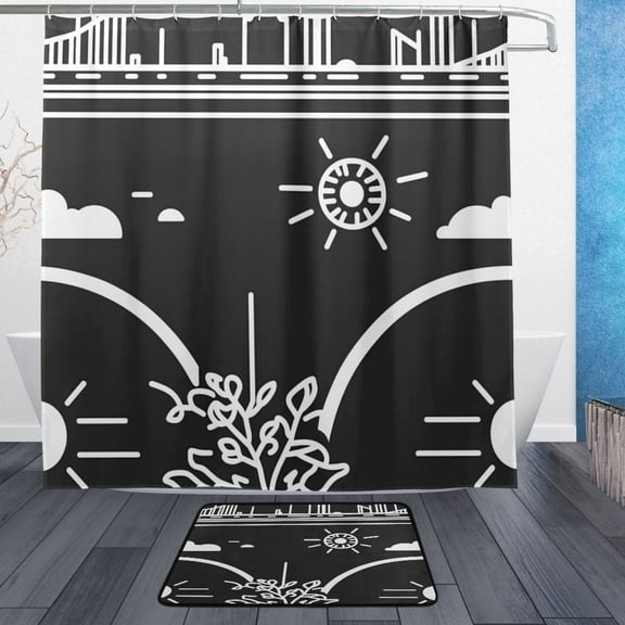 Stylized Urban Elements Bathroom Accessory Sets Waterproof Shower Curtain with Anti-Slip Bath Mat Durable Combo