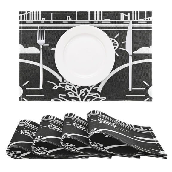 Stylized Urban Elements Reversible Placemat Non Slip Coffee Mat 18x12 Inch for Dining, Kitchen, Coffee