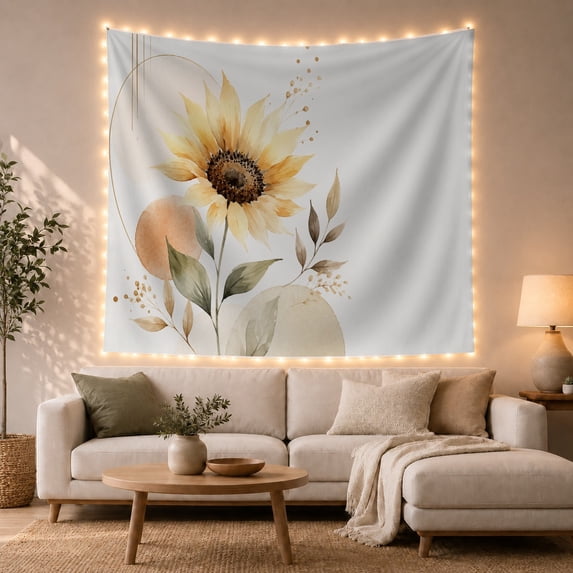Stylized Watercolor Sunflower on Pale White Background, Peaceful Minimalist for Nature Lovers, Botanical Wall Art Housewarming Gift Tapestry Wall Hanging for Bedroom and Living Room