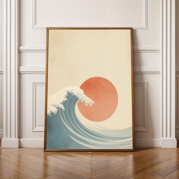Stylized Wave And Sun, Art Print, Blue Red Cream Decor, Wall Art Poster, Poster Only