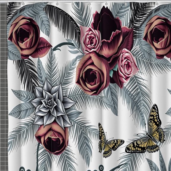 Stylized Wave Shower Curtain Daisies - Black & White Art Design