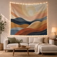 thumbnail image 1 of Stylized Waves Forming Layered Mountains with a Glowing Sun, Serene Abstract for Art Lovers, Modern Landscape Wall Decor, Housewarming Gift, Tapestry Wall Hanging for Bedroom and Living Room, 1 of 7