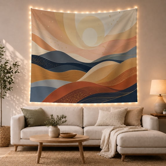 Stylized Waves Forming Layered Mountains with a Glowing Sun, Serene Abstract for Art Lovers, Modern Landscape Wall Decor, Housewarming Gift, Tapestry Wall Hanging for Bedroom and Living Room