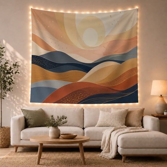 Stylized Waves Forming Layered Mountains with a Glowing Sun, Serene Abstract for Art Lovers, Modern Landscape Wall Decor, Housewarming Gift, Tapestry Wall Hanging for Bedroom and Living Room