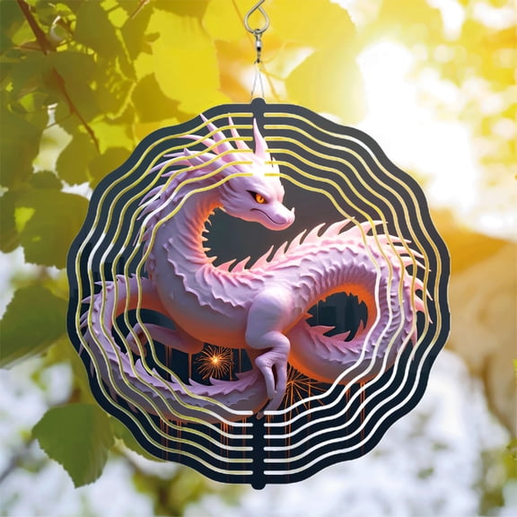 Stylized White Dragon Metal Wind Spinner - Intricate Patterns Fierce Expression Glowing Eyes - Perfect for Yard & Garden Decor