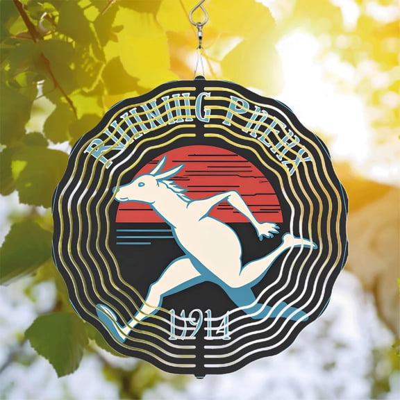 Stylized White Horse Metal Wind Spinner with Concentric Waves & Red Sun - Retro Garden Decor Wind Chime for Yard - 1914 Design