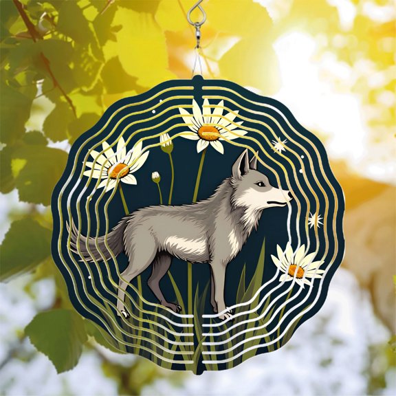 Stylized Wolf & Daisy Metal Wind Spinner - Elegant Garden Decor with Concentric Circles & Vibrant Flowers for Yard