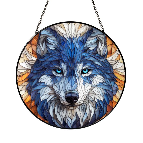 Stylized Wolf Glass Suncatcher Window Decor, Stained Glass Style Wildlife Hanging Art