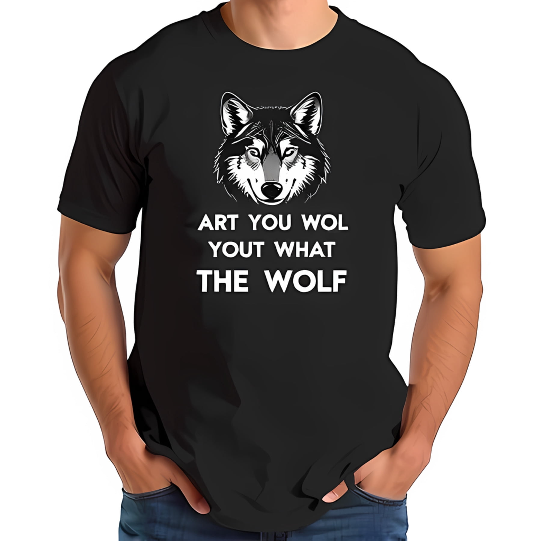 Yo7ut Stylized Wolf Head Cotton Short Sleeve T-Shirt with Playful Misspelled ...