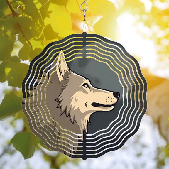 Stylized Wolf Head Metal Wind Spinner - Concentric Circular Patterns for Yard & Garden Decor - Unique Sound Wave Design