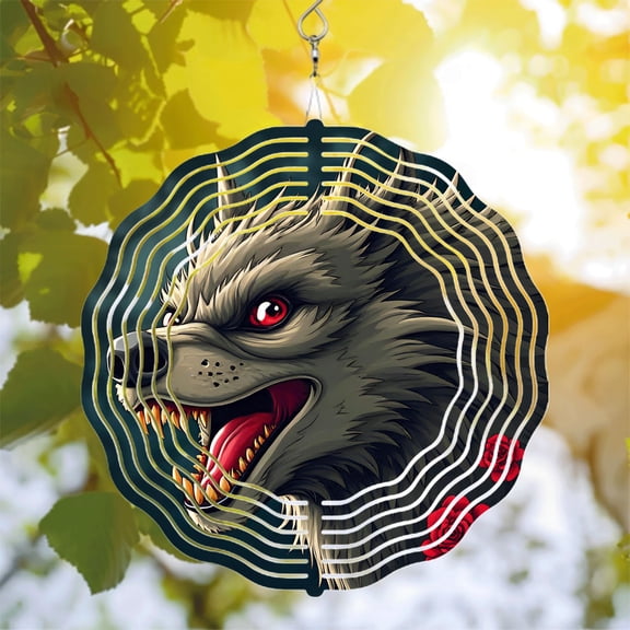 Stylized Wolf Head Metal Wind Spinner - Dynamic Design with Teeth & Red Eyes - Perfect for Yard & Garden Decor