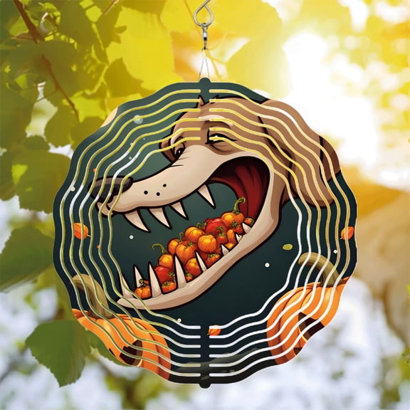 Stylized Wolf Head Metal Wind Spinner - Fierce Design with Pumpkins Perfect for Halloween Yard & Garden Decor Unique Chime