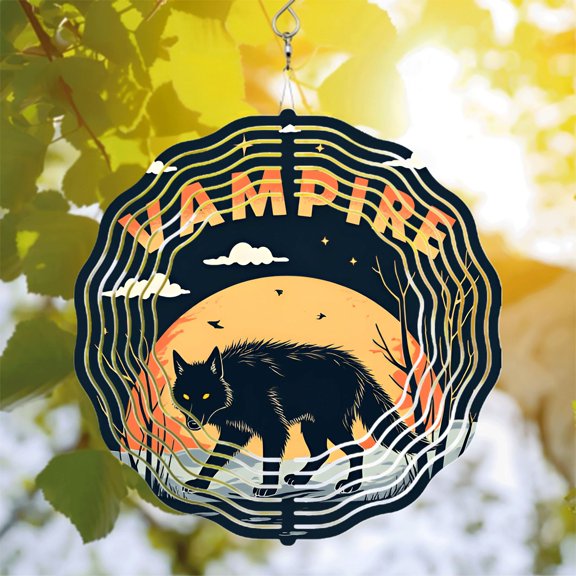 Stylized Wolf Metal Wind Spinner - Glowing Moon & Forest Design Unique Yard & Garden Decor Eye - Catching Vortex Pattern