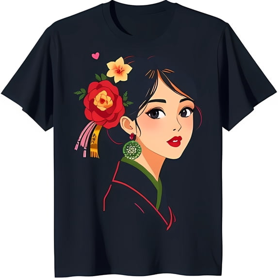 Stylized Woman in Kimono T-Shirt Vibrant Floral Design on Dark Blue Tee