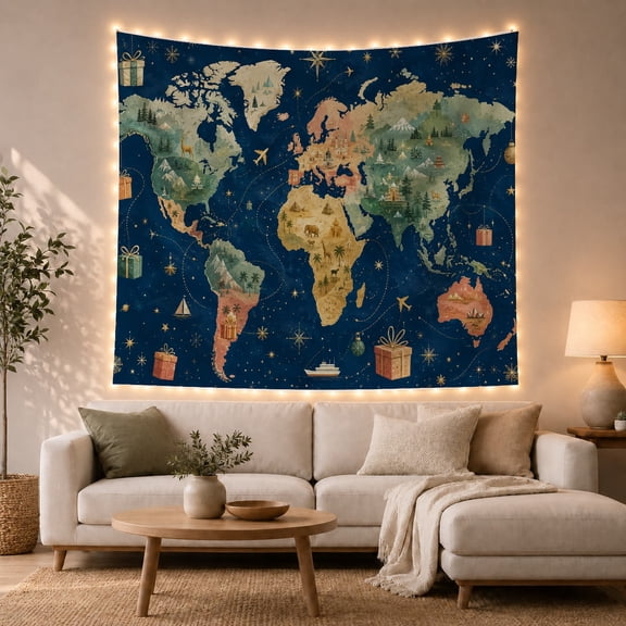 Stylized World Map with Deep Representing Oceans, Mystical Fantasy for Space Lovers, Galaxy Room Decor, Christmas Gift, Tapestry Wall Hanging for Bedroom and Dorm