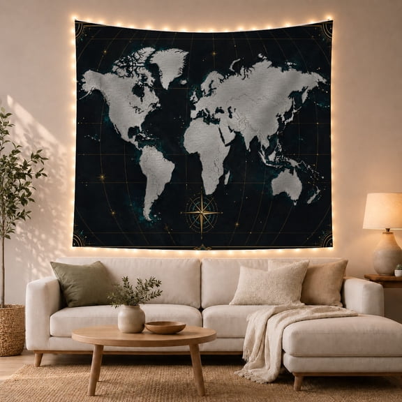 Stylized World Map with Golden Grid Against Dark Navy Blue, Adventurous Celestial for Nature Lovers, Global Navigation Decor Birthday Gift Tapestry Wall Hanging for Bedroom and Living Room