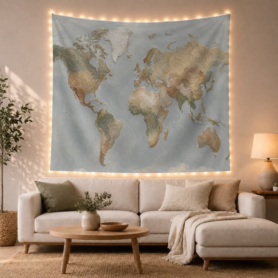Stylized World Map with Muted Blue-Gray Oceans, Majestic Folk Art for Art Enthusiasts, Textured Global Decor, Back to School Gift, Tapestry Wall Hanging for Bedroom and Living Room