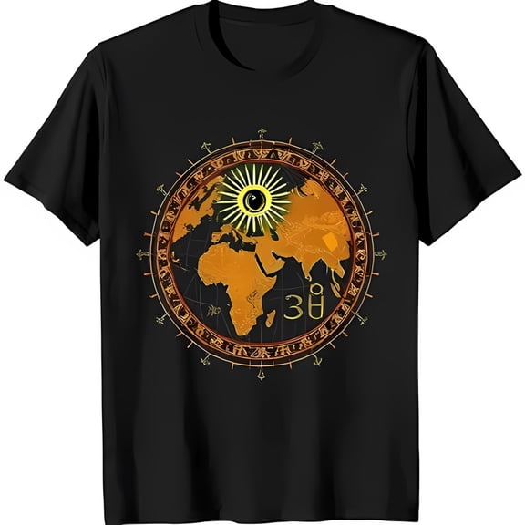 Stylized World Map T-Shirt with Intricate Circular Design & Sun Motif Black