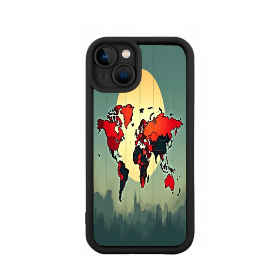 Stylized World Map iPhone 15 Case - Red & Black Hues with Sunset Design Lightweight & Yellowing Resistant Cityscape Silhouette
