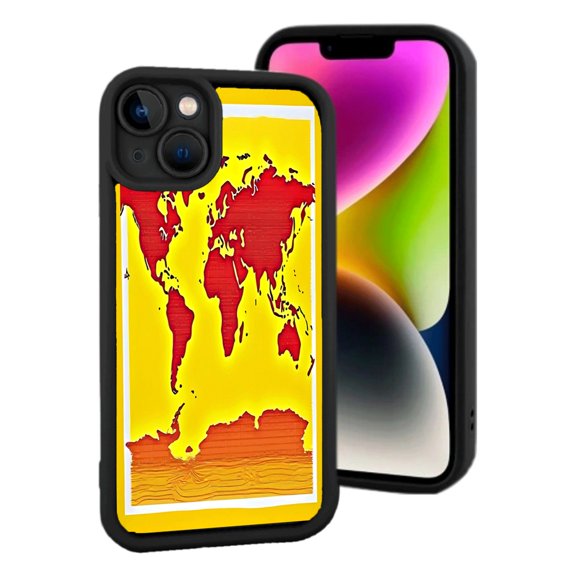 Stylized World Map iPhone 15 Case - Red & Yellow Gradient Black Outlines Lightweight & Yellowing Resistant Perfect Protection