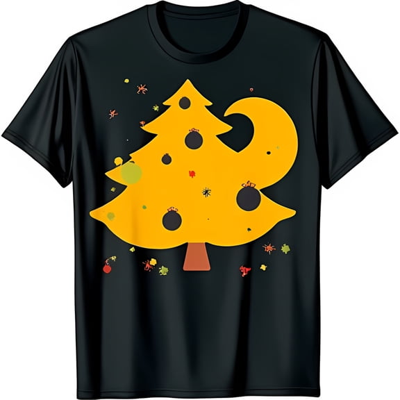 Stylized Yellow Christmas Tree T-Shirt with Ornaments & Leaf Designs Black Tee